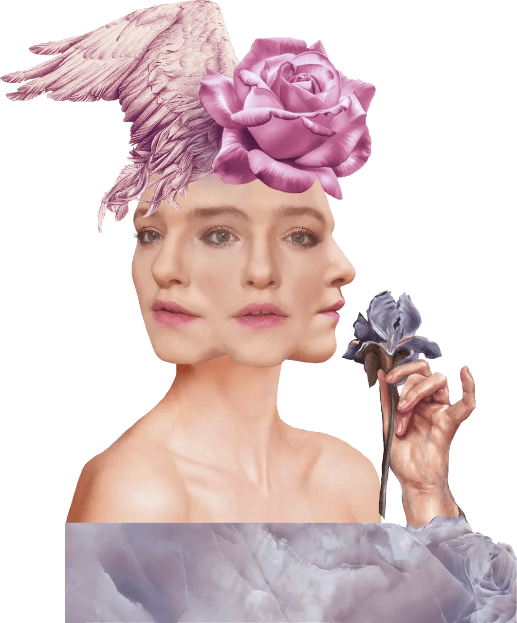 Collage portrait of a woman with a pink rose and wings in her hair, holding an iris