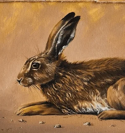 Painting of a hare lying on the ground