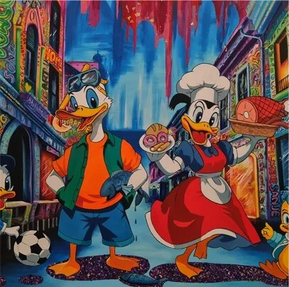 Colourful illustration of two cartoon ducks